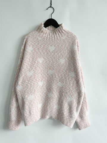 Heart Feathered Turtleneck Drop Shoulder Sweater