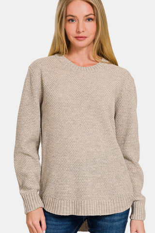 Ful Size Round Neck Long Sleeve Curved Hem Sweater