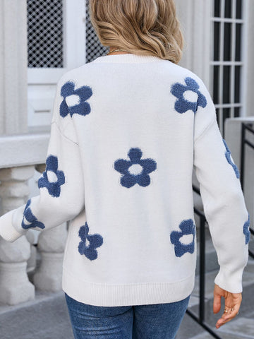 Flower Round Neck Long Sleeve Sweater