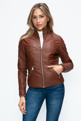 MI Faux Layered Double-Zipper Jacket with Fuzzy Hood