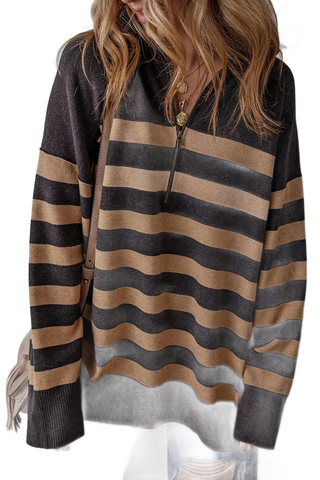 Striped Half Zip Long Sleeve Knit Top