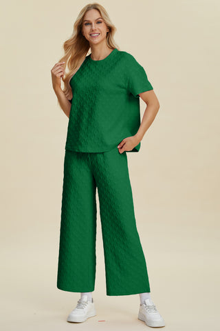 Full Size Texture Round Neck Short Sleeve Top and Pants Set