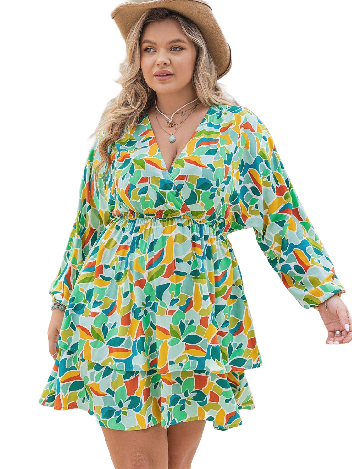 Plus Size Printed Surplice Long Sleeve Mini Dress