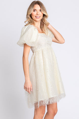 Pearl Mesh Puff Sleeve Baby doll Dress