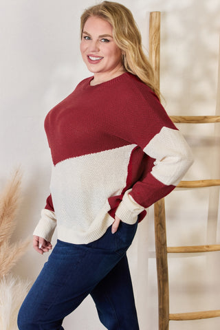 Full Size Color Block Dropped Shoulder Knit Top