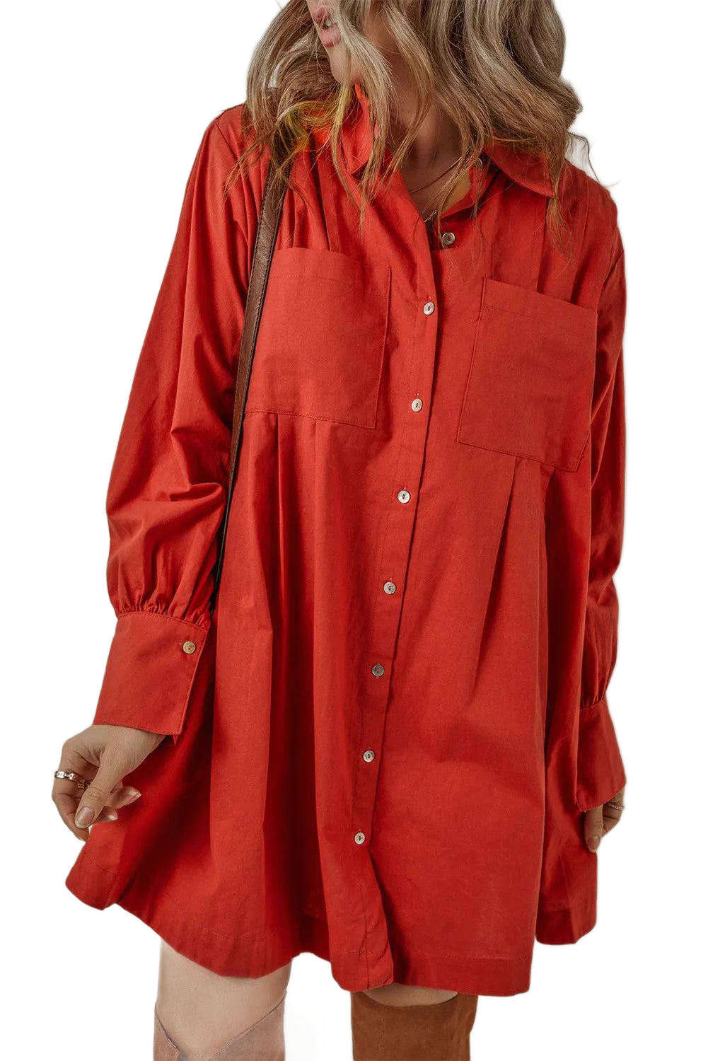 Pocketed Button Down Long Sleeve Shirt Dress