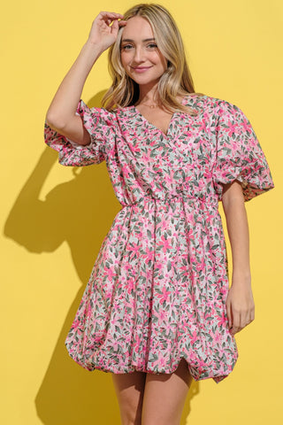 Full Size Floral Surplice Puff Sleeve Dress