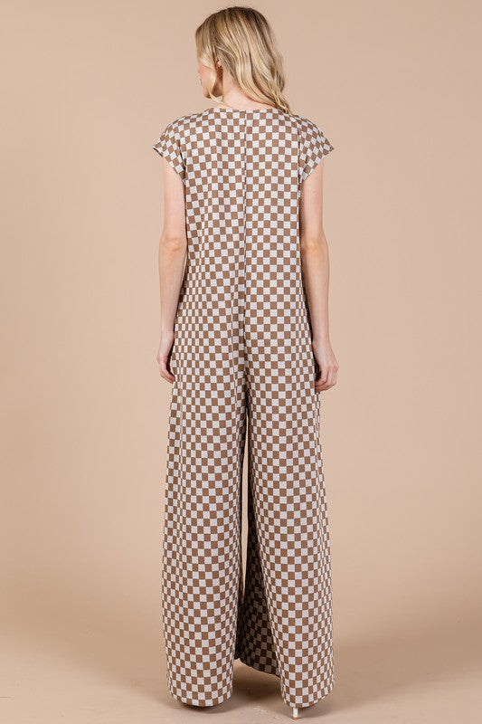 Checkered Half Button Cap Sleeve Jumpsuit