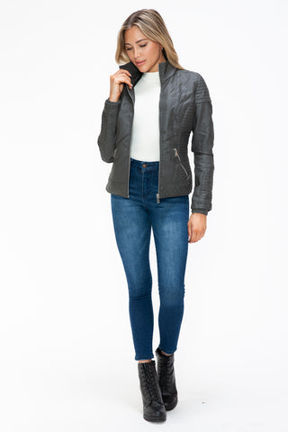 PMI Faux Layered Double-Zipper Jacket with Fuzzy Hood