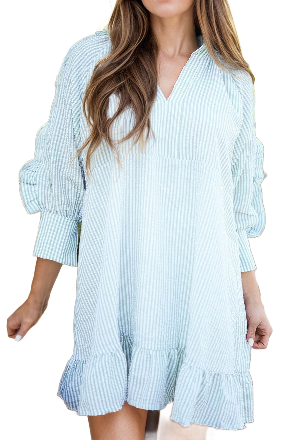 Striped Notched Three-Quarter Sleeve Dress