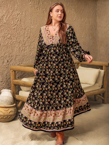 Plus-Size Floral V-Neck Balloon Sleeve Dress