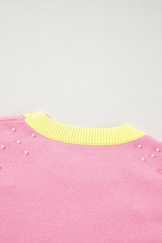 Pearl Detail Contrast Round Neck Sweater