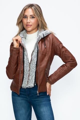 MI Faux Layered Double-Zipper Jacket with Fuzzy Hood