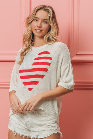 Striped Heart Contrast Knit Top