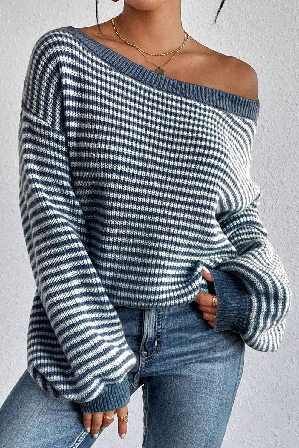 Striped Round Neck Dropped Shoulder Sweater