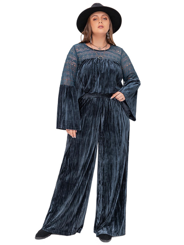 Plus Size Round Neck Flare Sleeve Top and Pants Set