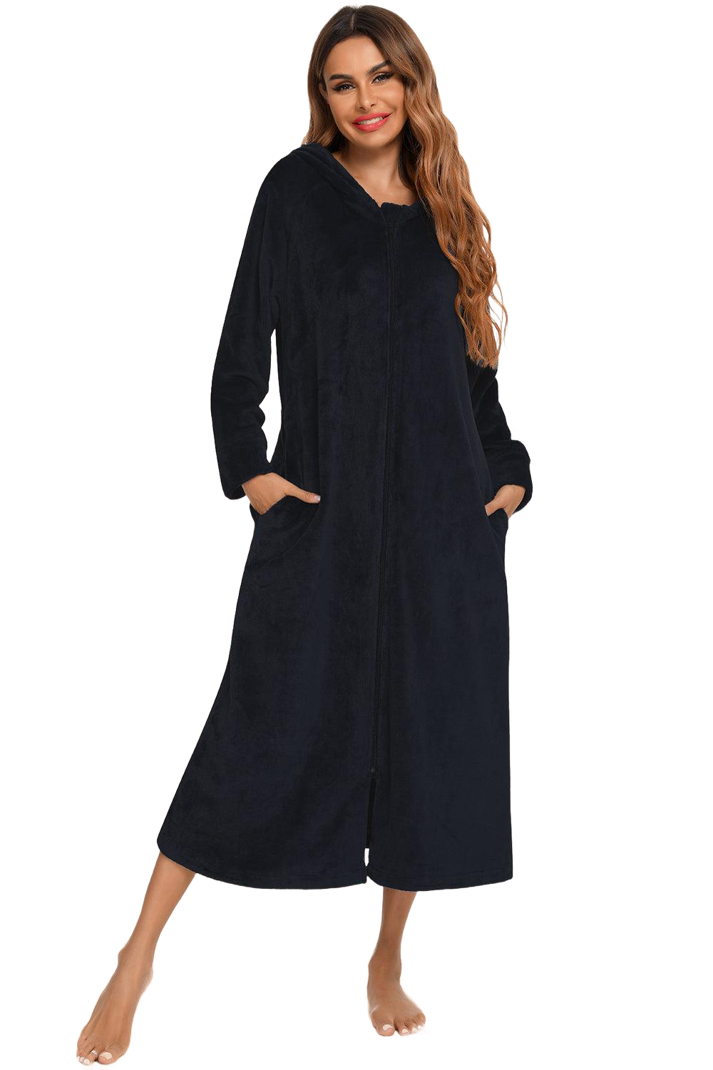 Zip Front Hooded Night Dress with Pockets