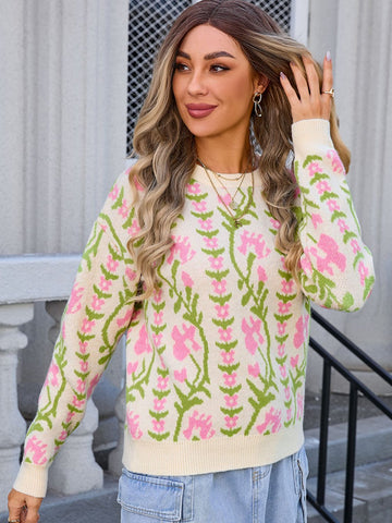 Flower Round Neck Long Sleeve Sweater