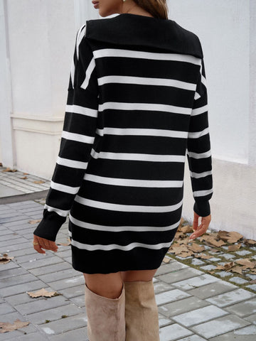 Quarter Zip Striped Long Sleeve Sweater Dress