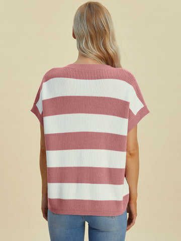 Full Size Striped V-Neck Short Sleeve Sweater