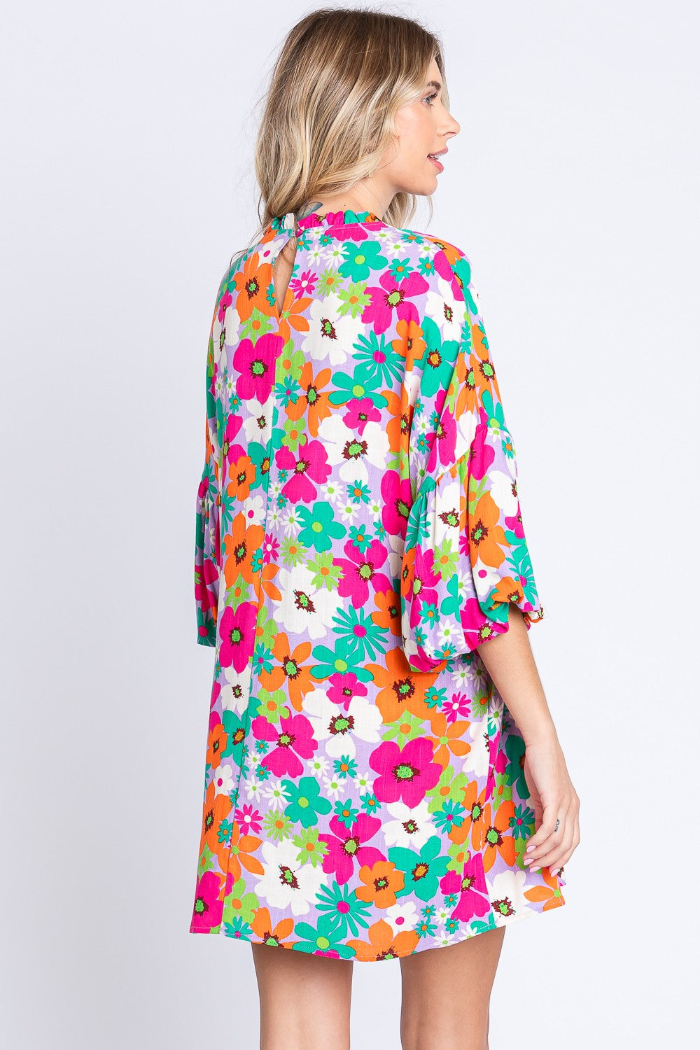 Full Size Floral Round Neck Lantern Sleeve Mini Dress