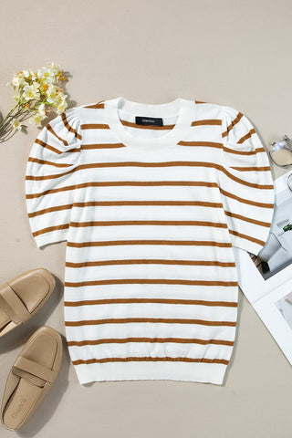 Striped Round Neck Puff Sleeve Knit Top