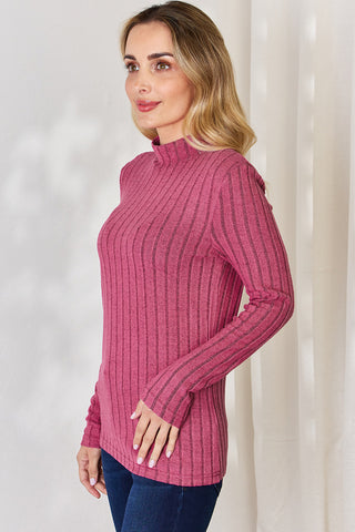 Full Size Ribbed Mock Neck Long Sleeve T-Shirt