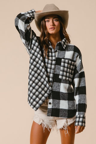 Bib Plaid Fleece Button Down Long Sleeve Shirt