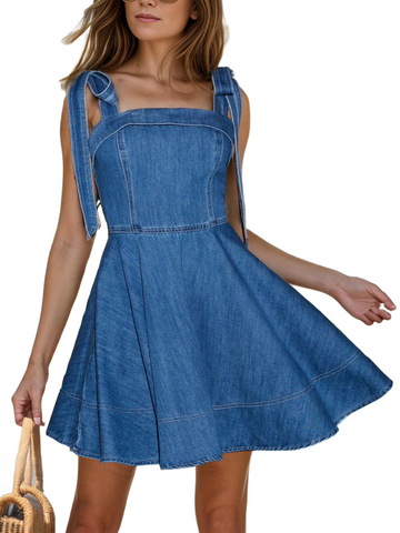 Square Neck Tie Shoulder Denim Dress