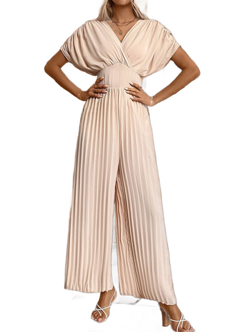 Pleated Short Sleeve Wide Leg Jumpsuit