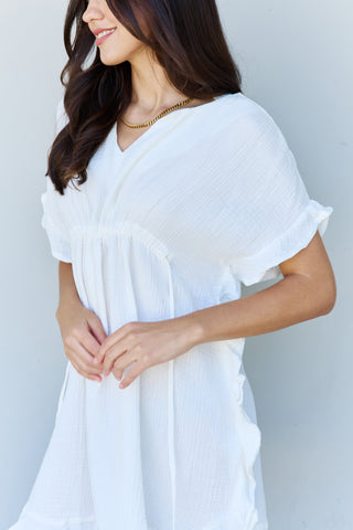 Full Size Ruffle Hem Dress with Drawstring Waistband in White