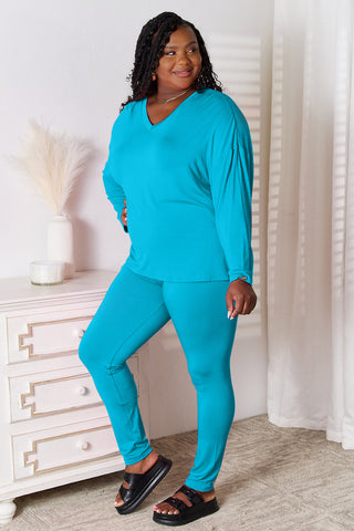 Full Size V-Neck Soft Rayon Long Sleeve Top and Pants Lounge Set