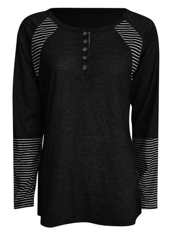 Full Size Striped Quarter Button Long Sleeve T-Shirt