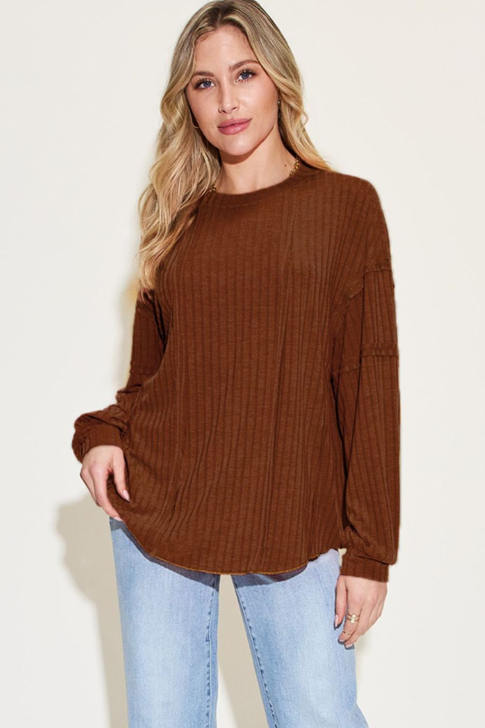 Full Size Ribbed Round Neck Long Sleeve T-Shirt