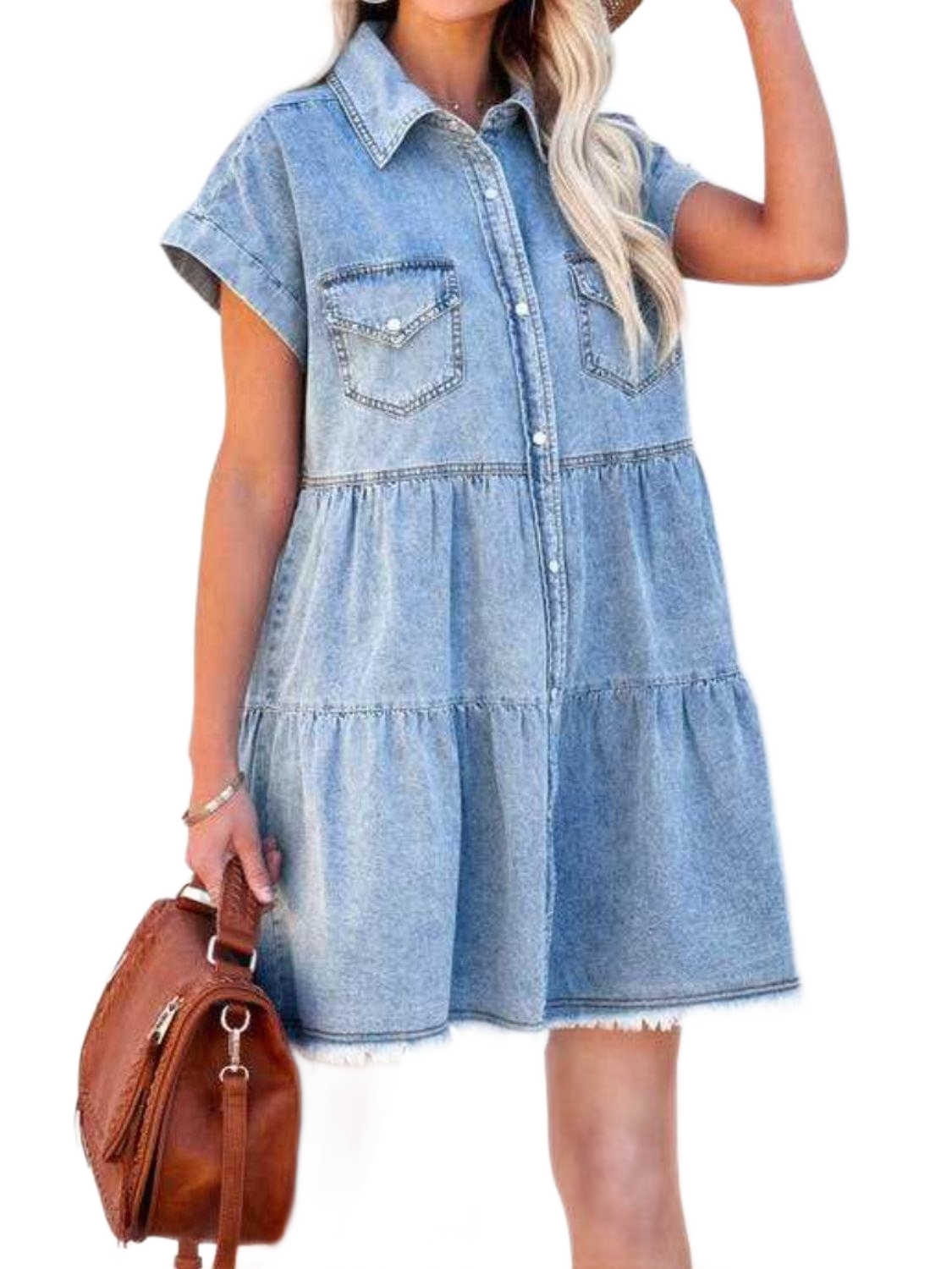 Raw Hem Short Sleeve Denim Dress