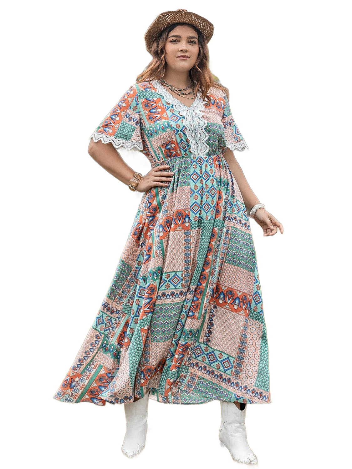 Plus Size Lace Detail Printed Half Sleeve Midi Dress