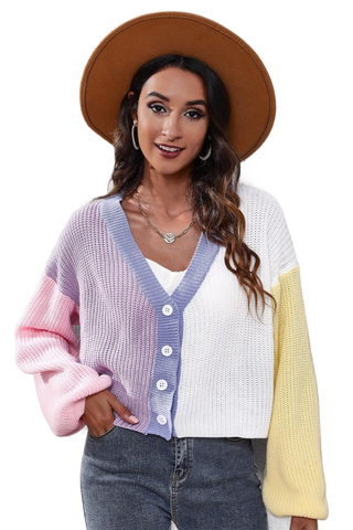 Color Block Button Up V-Neck Knit Top