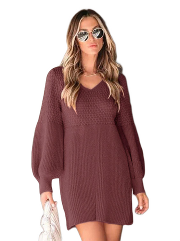 V-Neck Long Sleeve Sweater Dress