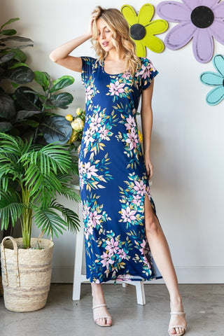 Full Size Floral Short Sleeve Slit Dress