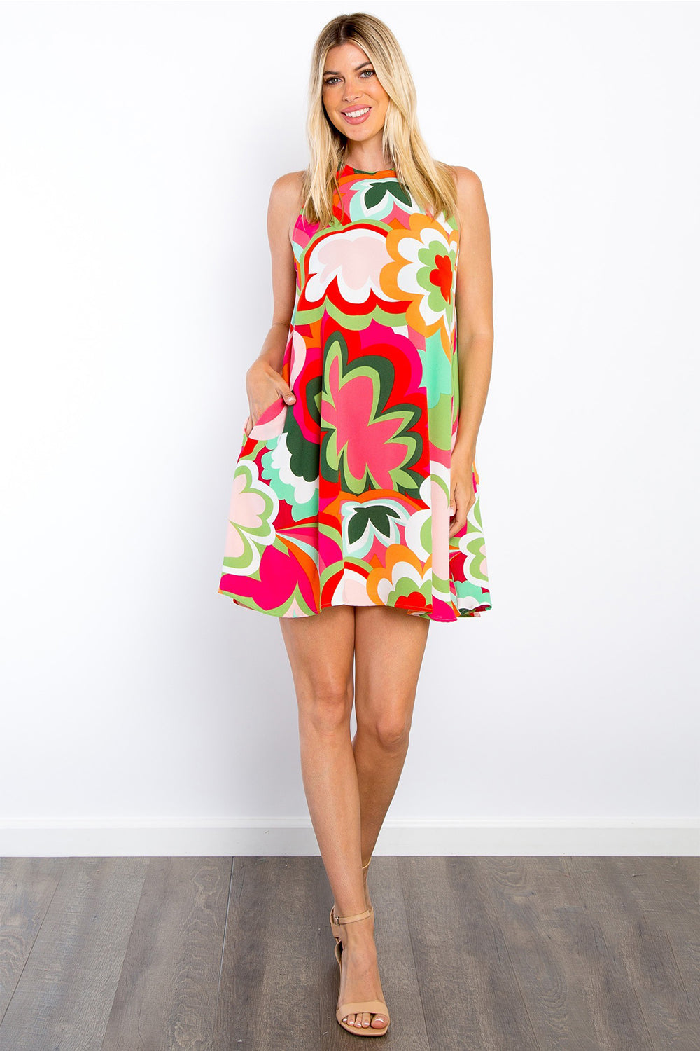 Full Size Floral Sleeveless Mini Dress with Pockets