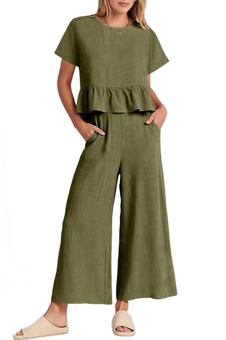 Peplus Round Neck Short Sleeve Top and Pants Set