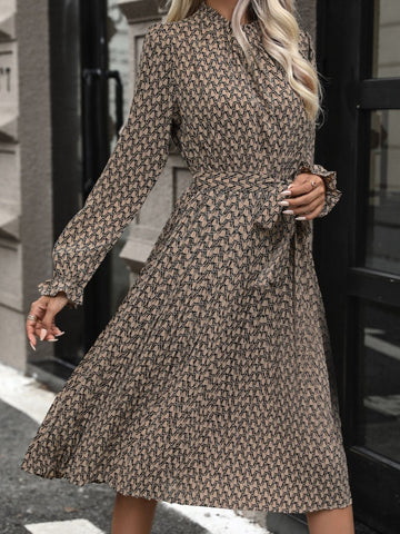 Printed Mock Neck Flounce Sleeve Dress