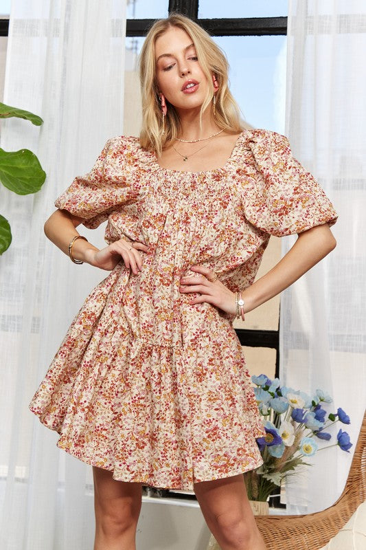 DORA Floral Square Neck Puff Sleeve Dress