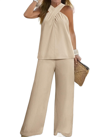 Crisscross Sleeveless Top and Wide Leg Pants Set