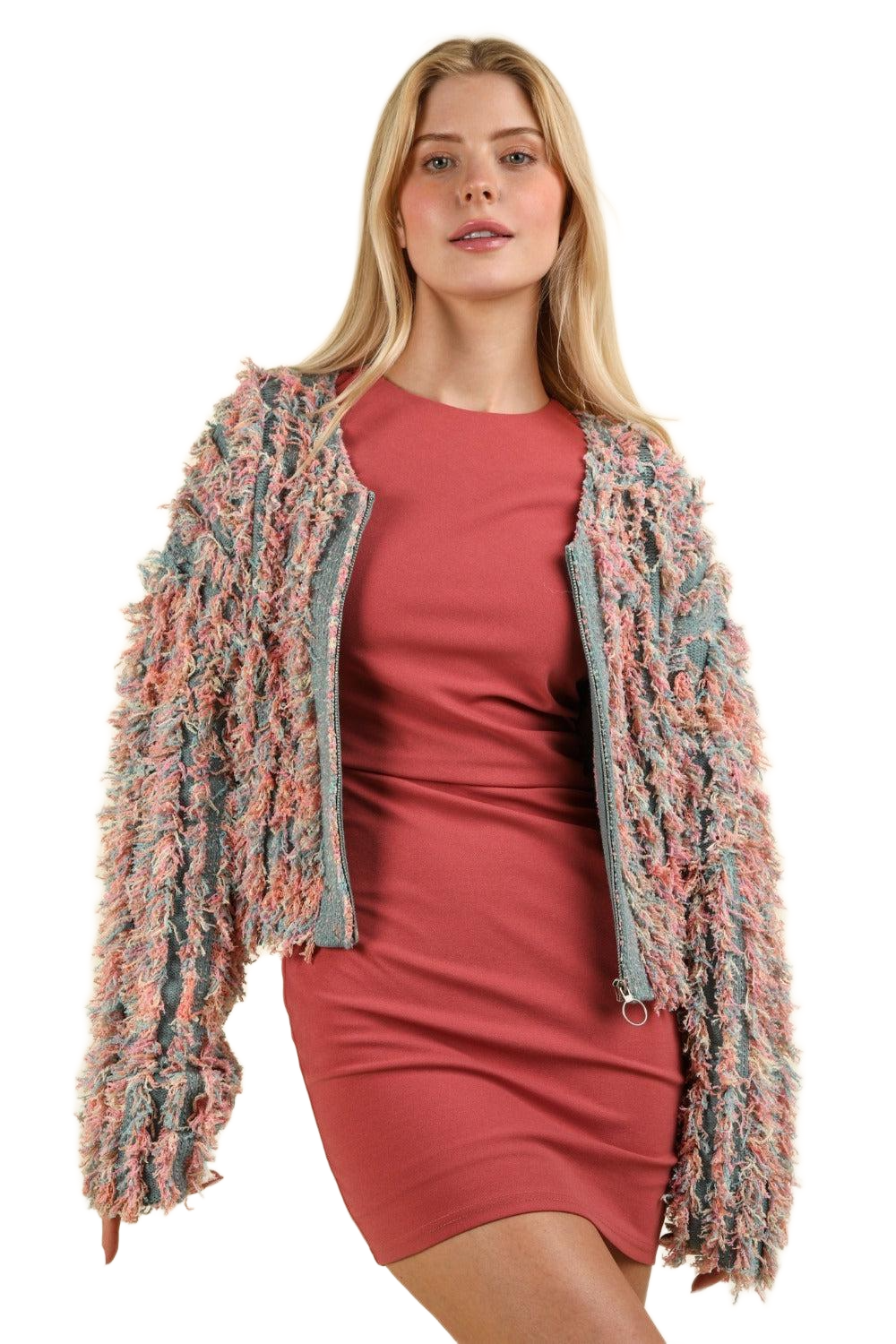 Shaggy Yarn Knit Zip Up Jacket