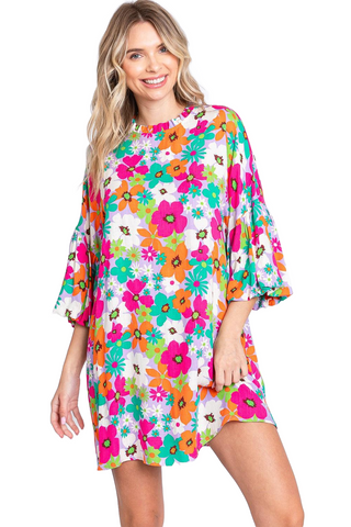 Full Size Floral Round Neck Lantern Sleeve Mini Dress