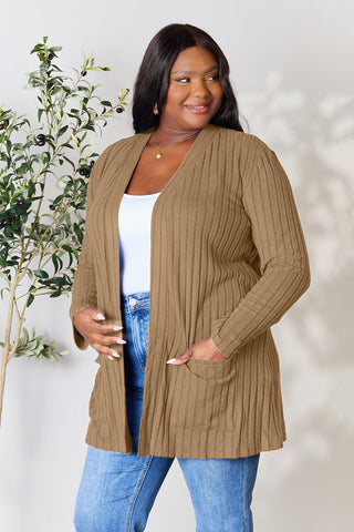 Full Size Ribbed Open Front Cardigan with Pockets