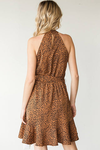 Full Size Leopard Belted Sleeveless Dress