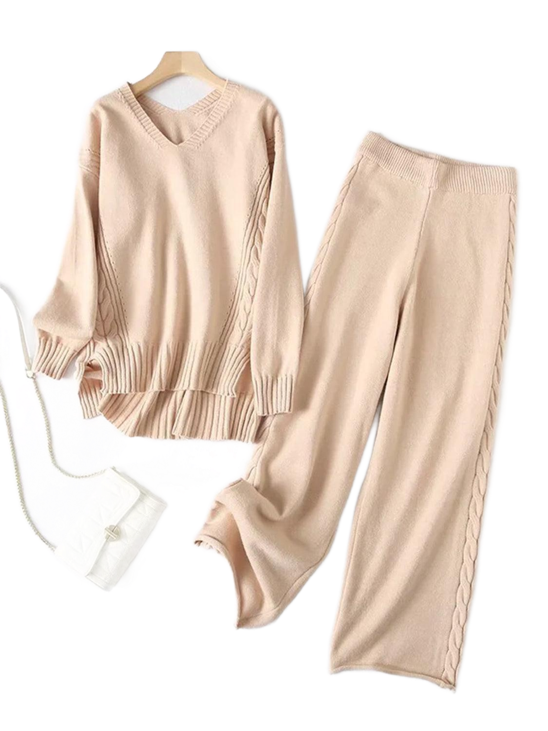 Slit V-Neck Long Sleeve Top and Pants Sweater Set