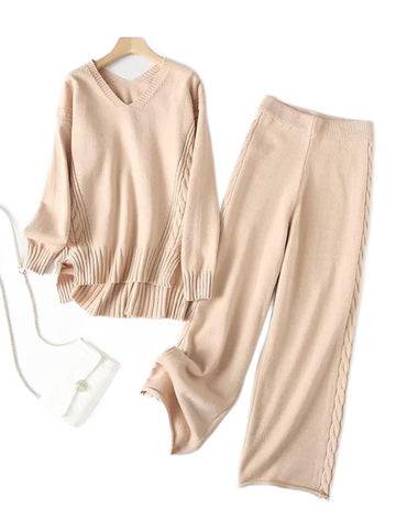 Slit V-Neck Long Sleeve Top and Pants Sweater Set